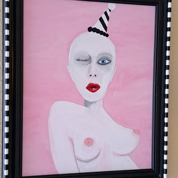 Want2Play-Clown Painting-FemaleClown-Horror-Dark Art-Pink-Black&White-Frame-Contamporary-Surreal-Macbre-PopArt-Original-Art-PaintingPainting