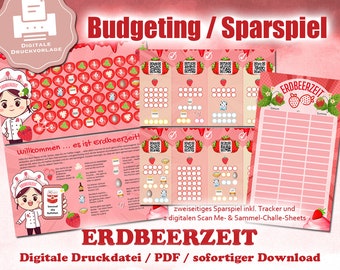 Spar-Spiel "Erdbeerzeit" für A6 Binder - EASY PRINT Digitale Druckdatei / PDF - Umschlagmethode / Budgetieren + Scan Me Challenge