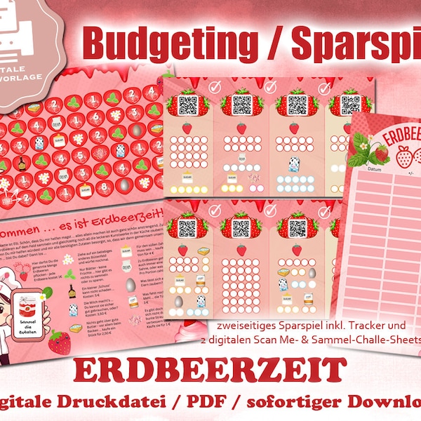 Spar-Spiel "Erdbeerzeit" für A6 Binder - EASY PRINT Digitale Druckdatei / PDF - Umschlagmethode / Budgetieren + Scan Me Challenge