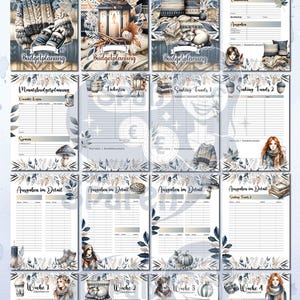 May include: A printable budget planner set with a cosy November theme. The set includes a cover page, monthly budget pages, weekly budget pages, and a no-spend wheel. The pages feature a watercolour design with a blue and grey colour scheme.