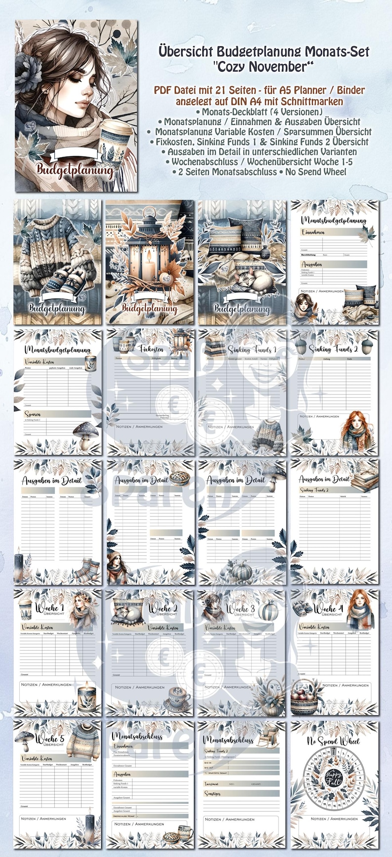 May include: A printable budget planner set with a cosy November theme. The set includes a cover page, monthly budget pages, weekly budget pages, and a no-spend wheel. The pages feature a watercolour design with a blue and grey colour scheme.