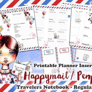 Könnte beinhalten: Druckbare Planer-Einsätze für ein Reisetagebuch. Das Set zeigt eine skurrile Illustration eines Mädchens mit einer roten Schleife und einer Schnecke, mit dem Text "Happymail/Penpals" und "Reisetagebuch - Normale Größe".