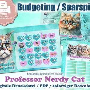 Könnte beinhalten: Ein druckbares Budgetspiel für Kinder mit einer Comic-Katze, die eine Brille trägt. Das Spielbrett hat ein farbenfrohes Design mit Herzen, Münzen und einer Katzenillustration. Das Spiel heißt "Professor Nerdy Cat" und beinhaltet ein Tracking-Blatt zum Aufzeichnen von Ersparnissen.