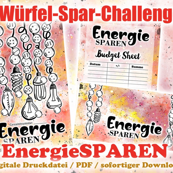 Würfel-Spar-Challenge "EnergieSPAREN" zum ausmalen & sparen - Digitale Druckdatei / PDF - Umschlagmethode / Budgetieren