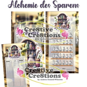 Pu&ograve; includere: Un insieme di fogli stampati per la gestione del budget e le sfide di risparmio. I fogli presentano illustrazioni di bottiglie di pozioni e scaffali, con il testo "BUDGETING / SPAR-CHALLENGE Alchemie des Sparens" e "Creative Creations".