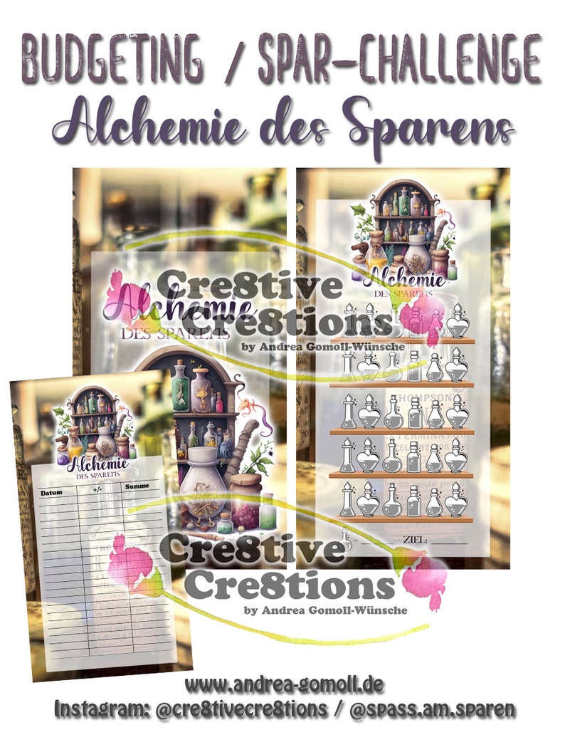 Pu&ograve; includere: Un insieme di fogli stampati per la gestione del budget e le sfide di risparmio. I fogli presentano illustrazioni di bottiglie di pozioni e scaffali, con il testo "BUDGETING / SPAR-CHALLENGE Alchemie des Sparens" e "Creative Creations".