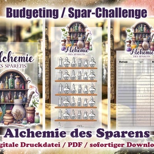 Pu&ograve; includere: Download digitale con tre pagine stampabili a tema farmacia. Le pagine mostrano il testo "Alchemie des Sparens" e "Budgeting / Spar-Challenge". Una pagina mostra bottiglie di pozioni, un'altra un tracker di risparmio.
