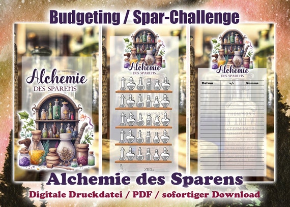 Spar-Challenge "Alchemie des Sparens" zum ausmalen & sparen - Digitale Druckdatei / PDF - Umschlagmethode / Budgetieren
