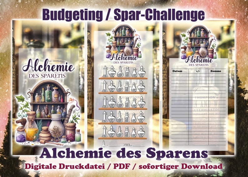 Pu&ograve; includere: Download digitale con tre pagine stampabili a tema farmacia. Le pagine mostrano il testo "Alchemie des Sparens" e "Budgeting / Spar-Challenge". Una pagina mostra bottiglie di pozioni, un'altra un tracker di risparmio.