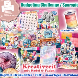Könnte beinhalten: Eine druckbare Budget-Herausforderung oder ein Sparspiel mit Näh-Thema. Der Druck enthält ein Suchwort-Puzzle, eine Nähmaschine, Garn und ein Mädchen, das näht. Der Text "Budgeting Challenge / Sparspiel" und "Kreativzeit mit Nadel & Faden" ist im Bild enthalten. Der Text "Digitale Druckdatei / PDF / sofortiger Download" ist ebenfalls im Bild enthalten.