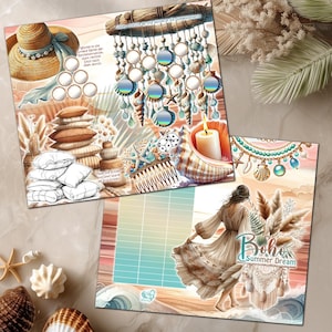 Könnte beinhalten: Eine Collage mit Strohhut, Kissen, Muscheln und einem Traumfänger. Das Bild enthält deutschen Text und die Worte "Boho Summer Dream". Die Farbpalette ist weich, mit Beige-, Braun- und Türkistönen.