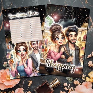 Könnte beinhalten: Eine farbenfrohe Illustration eines Paares beim Einkaufen. Die Frau hält eine Einkaufstasche und der Mann eine Kreditkarte. Der Text "Spar Erlobs Tracker" und "Shopping" ist auf dem Bild zu sehen.