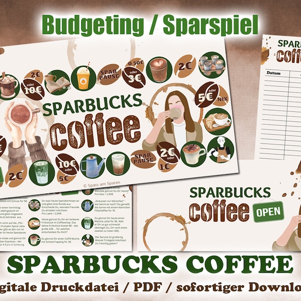 Spar-Spiel "Sparbucks Coffee" für A6 Binder - EASY PRINT Digitale Druckdatei / PDF - Umschlagmethode / Budgetieren