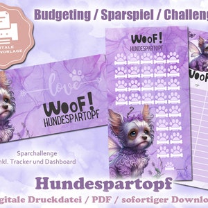 Puede incluir: Una descarga digital imprimible para un desafío de ahorro con temática de perros. El diseño presenta un esquema de color morado y blanco con un perro de dibujos animados que lleva un vestido morado y alas de hada. El texto de la imagen dice "Woof! Hundespartopf" y "Sparchallenge inkl. Tracker und Dashboard".