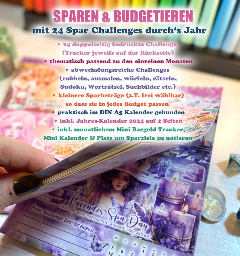 Spar Challenge Kalender 24 bunte Spar Challenges für A6 Binder Umschlagmethode / Budgetieren / Sparspiel Bild 2