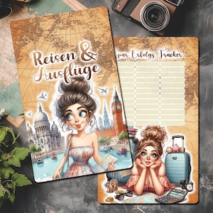 Könnte beinhalten: Ein Reise- und Abenteuer-Tracker mit einer Cartoon-Illustration eines Mädchens mit braunen Haaren und einem rosa Kleid. Der Tracker hat einen Bereich zum Auflisten von Reisezielen und einen Bereich zum Verfolgen von Ausgaben. Der Hintergrund ist eine Vintage-Weltkarte.