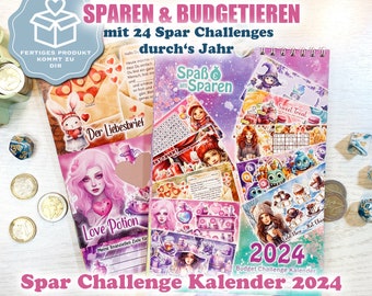 Spar Challenge Kalender - 24 bunte Spar Challenges - für A6 Binder - Umschlagmethode / Budgetieren / Sparspiel