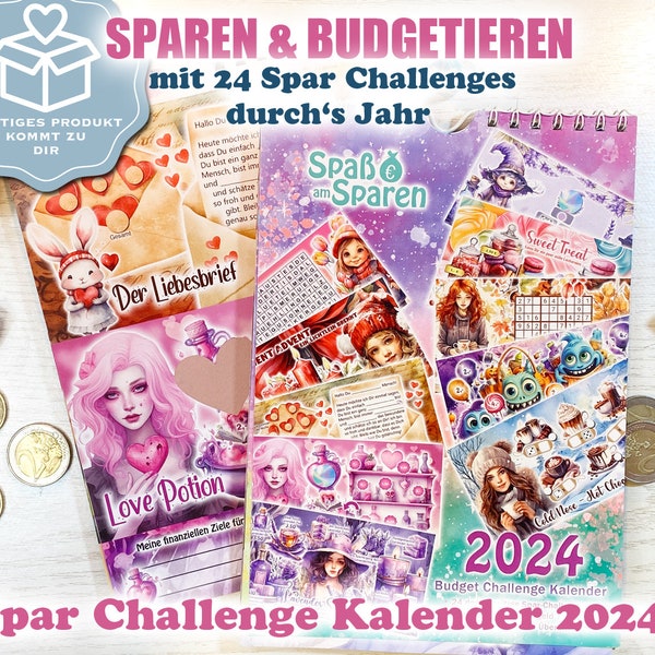 Spar Challenge Kalender - 24 bunte Spar Challenges - für A6 Binder - Umschlagmethode / Budgetieren / Sparspiel