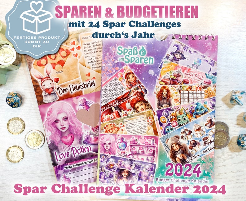 Spar Challenge Kalender 24 bunte Spar Challenges für A6 Binder Umschlagmethode / Budgetieren / Sparspiel Bild 1