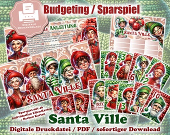 Savings game "Santa Ville" for A6 binder - digital print file / PDF - card game / calculation game for envelope method / budgeting