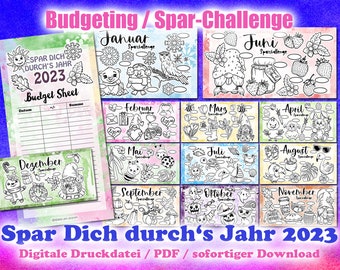 Spar-Challenge "Spar Dich durch's Jahr" 2023 ... 12 monatliche Spar-Challenges mit frei wählbaren Beträgen - Digitale Druckdatei / PDF
