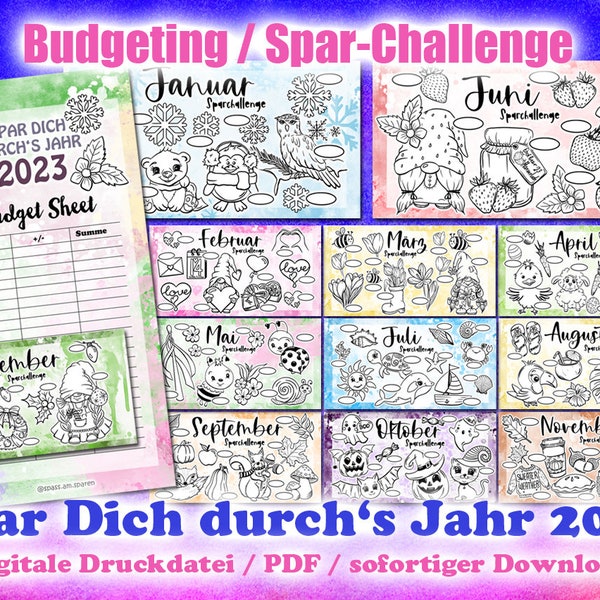 Spar-Challenge "Spar Dich durch's Jahr" 2023 ... 12 monatliche Spar-Challenges mit frei wählbaren Beträgen - Digitale Druckdatei / PDF