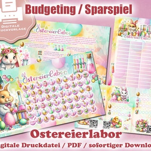 Op de afbeelding: Een printbaar Pasen spaaroverzicht met een kleurrijke aquarel achtergrond. Het overzicht toont een konijn dat een labjas draagt en een reageerbuis vasthoudt. De tekst "Ostereierlabor" is geschreven in een speels lettertype. Het overzicht is ontworpen om kinderen te helpen geld te sparen voor Pasen.