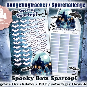 Op de afbeelding: Printbare Halloween-thema budgettracker met een spookachtig kasteel en vleermuizen. De tracker heeft een sectie voor data, inkomsten, uitgaven en een totaal. De tekst "Spooky Spartopf" is geschreven in een speels lettertype.