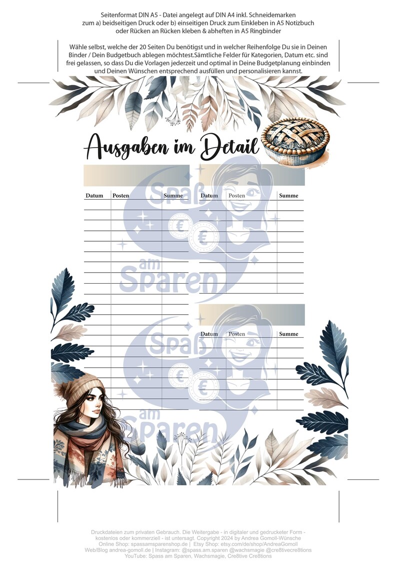 May include: A printable budget tracker with a watercolour background featuring a woman in a winter hat and scarf. The tracker has sections for date, item, and total. The text "Ausgaben im Detail" is at the top of the page.