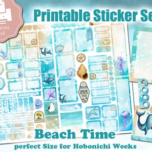 Könnte beinhalten: Druckbarer Aufkleber-Set mit Strandthema. Die Aufkleber zeigen Muscheln, Seesterne, Quallen, Seepferdchen, Wale und andere Designs zum Thema Meer. Die Aufkleber eignen sich perfekt zum Dekorieren von Planern, Tagebüchern und anderen Papierarbeiten.