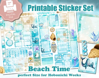 Printable Sticker Set "Beach Day" for Hobonichi Weeks / other Planners, Travelers Notebook etc. to use with Cutting Machine (PNG & PDF)