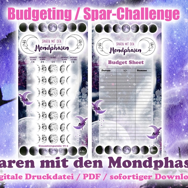 Spar-Challenge "Sparen mit den Mondphasen" zum ausmalen & sparen - Digitale Druckdatei / PDF - Umschlagmethode / Budgetieren