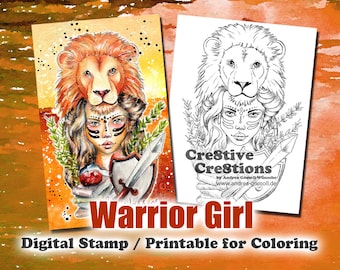 Warrior Girl - Digital Stamp / Printable Coloring Page