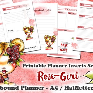 Könnte beinhalten: Druckbarer Planer-Einsatz-Set mit einer Rosenmädchen-Illustration. Das Set enthält Seiten für wichtige Notizen, Termine und einen Monatskalender. Die Seiten sind für A5-Planer im Halb-Briefformat konzipiert.