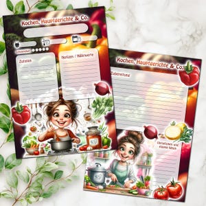 Könnte beinhalten: Zwei Rezeptkarten mit einem farbenfrohen Design mit einem Cartoon-Koch. Die Karten haben Abschnitte für Zutaten, Notizen und Zubereitung. Der Text "Kochen, Hauptgerichte & Co." steht oben. Gemüse und Kochutensilien sind abgebildet.