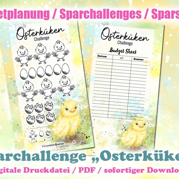 Spar-Challenge "Osterküken" zum ausmalen & sparen - Digitale Druckdatei / PDF - Umschlagmethode / Budgetieren