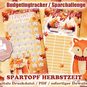 Sparutmaning "Höstens sparpott" - Färglägg och spara - ENKEL UTSKRIFT Digital utskriftsfil / PDF - Kuvertmetod / Budgetering för hösten