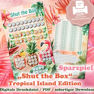 May include: A printable game board for the game "Shut the Box: Tropical Island Edition". The board features a tropical theme with a flamingo, pineapple, and a turtle. The game board is designed for a family game night.