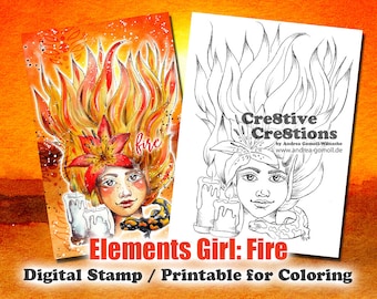 Fire Elements Girl - Digital Stamp / Printable Coloring Page by Andrea Gomoll Cre8tive Cre8tions