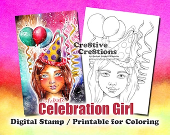 Celebration Girl - Digital Stamp / Printable Coloring Page