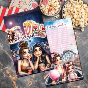 Könnte beinhalten: Zwei illustrierte Mädchen schauen sich einen Film im Kino an. Ein Mädchen hält einen Eimer Popcorn und das andere eine Dose Limonade. Der Text "Freizeit" ist in einer stilisierten Schrift über den Mädchen geschrieben. Das Bild ist eine druckbare Planerseite mit rosa Hintergrund und dem Text "Erfolgs Tracker" oben.