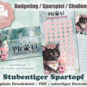 Op de afbeelding: Een printbare budget- en spaaruitdagingstracker met een zwarte kat met een kroon en roze bloemen. De tracker heeft een pootprintontwerp en de tekst "Mew Stubentiger Spartopf" in roze en zwart.