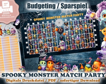 Saving Game "Spooky Monster Match Party" for A6 Binder - EASY PRINT Digital Print File / PDF - Envelope Method / Budgeting