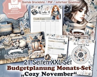 May include: A printable budget planner set with a cozy November theme. The set includes a weekly planner, a monthly budget planner, a no-spend wheel, and other printable pages. The pages feature a watercolor design with a cat, a lantern, and fall leaves.