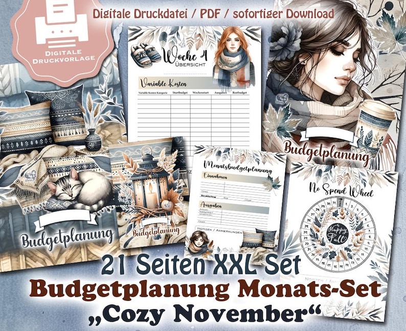 May include: A printable budget planner set with a cosy November theme. The set includes a weekly planner, a monthly budget planner, a no-spend wheel, and other printable pages. The pages feature a watercolour design with a cat, a lantern, and autumn leaves.
