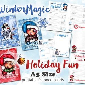 Könnte beinhalten: Druckbare Planer-Einsätze mit Winterthema. Die Einsätze zeigen Illustrationen eines Schneemanns, eines Mädchens in einem Wintermantel und eines Mädchens in einer Weihnachtsmütze. Der Text auf den Einsätzen lautet "Winter Magic", "Holiday Fun", "A5 Size", "printable Planner Inserts", "Baby it's cold outside", "You are as unique as a snowflake", "It's Christmas", "December Daily", "Christmas Memories", "Christmas Gifts", "Naughty or Nice?", und "My Week".
