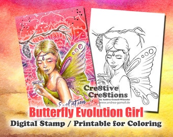 Evolution Girl - Digitale Stempel / Afdrukbare kleurplaat door Andrea Gomoll Cre8tive Cre8tions