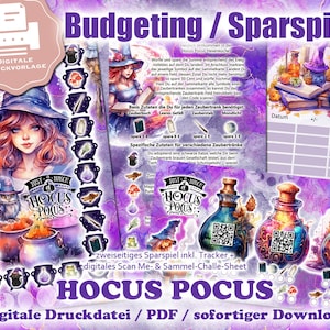 Op de afbeelding: Een printbaar budgetspel met een heksen- en drankjes thema. Het spel bevat een tracker sheet, een verzamel sheet en een printbaar budget sheet. Het spel heet "Hocus Pocus".
