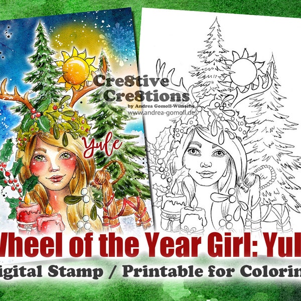Wheel of the Year Girl: Yule / Winter Solstice - Digital Stamp / Printable Coloring Page by Andrea Gomoll Cre8tive Cre8tions