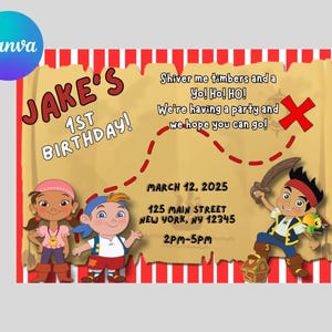 May include: A pirate-themed birthday party invitation with the text "Jake's 1st Birthday!" and cartoon illustrations of pirate characters. The invitation includes the date, time, and location of the party.